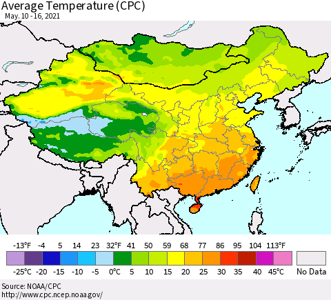 China, Mongolia and Taiwan Average Temperature (CPC) Thematic Map For 5/10/2021 - 5/16/2021