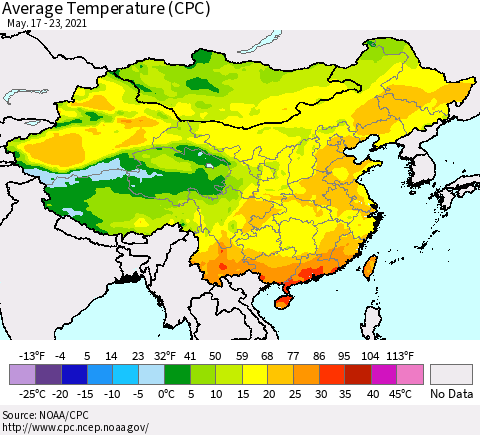 China, Mongolia and Taiwan Average Temperature (CPC) Thematic Map For 5/17/2021 - 5/23/2021