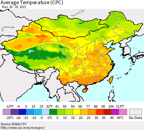 China, Mongolia and Taiwan Average Temperature (CPC) Thematic Map For 5/24/2021 - 5/30/2021