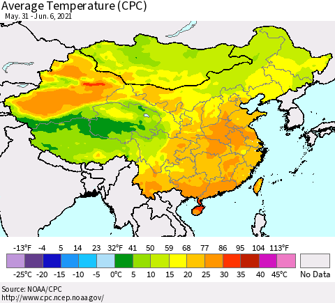China, Mongolia and Taiwan Average Temperature (CPC) Thematic Map For 5/31/2021 - 6/6/2021