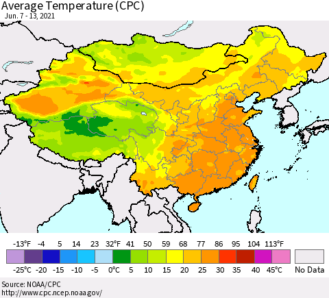 China, Mongolia and Taiwan Average Temperature (CPC) Thematic Map For 6/7/2021 - 6/13/2021