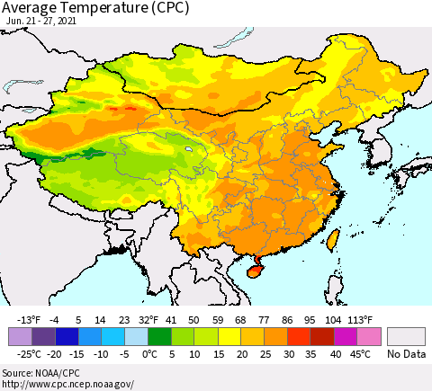 China, Mongolia and Taiwan Average Temperature (CPC) Thematic Map For 6/21/2021 - 6/27/2021