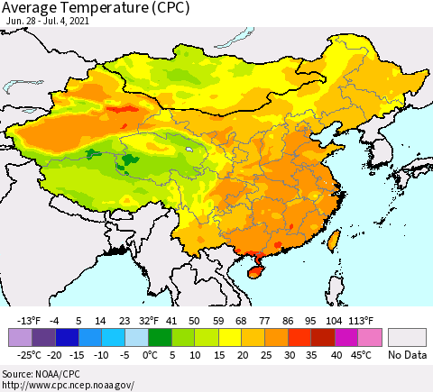 China, Mongolia and Taiwan Average Temperature (CPC) Thematic Map For 6/28/2021 - 7/4/2021