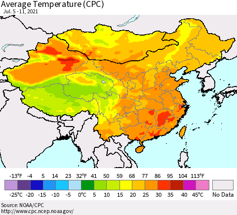 China, Mongolia and Taiwan Average Temperature (CPC) Thematic Map For 7/5/2021 - 7/11/2021