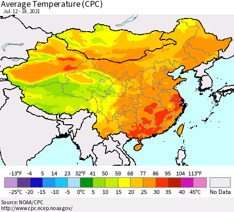 China, Mongolia and Taiwan Average Temperature (CPC) Thematic Map For 7/12/2021 - 7/18/2021