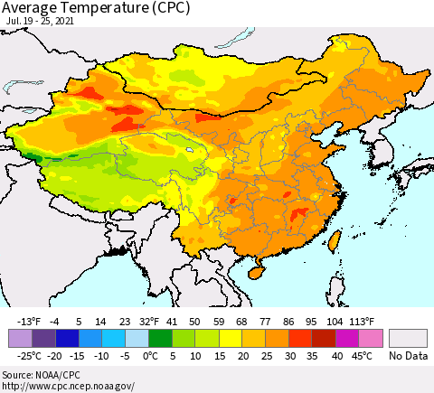 China, Mongolia and Taiwan Average Temperature (CPC) Thematic Map For 7/19/2021 - 7/25/2021