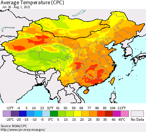 China, Mongolia and Taiwan Average Temperature (CPC) Thematic Map For 7/26/2021 - 8/1/2021