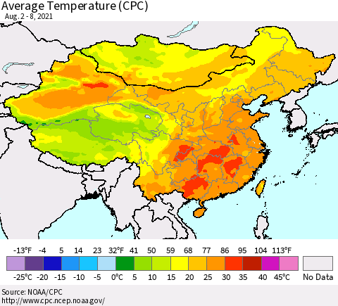 China, Mongolia and Taiwan Average Temperature (CPC) Thematic Map For 8/2/2021 - 8/8/2021