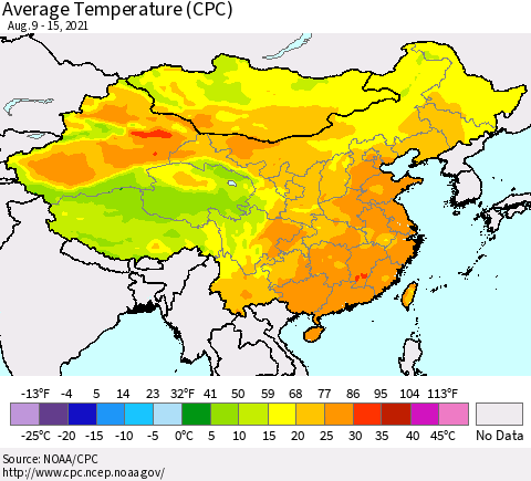 China, Mongolia and Taiwan Average Temperature (CPC) Thematic Map For 8/9/2021 - 8/15/2021
