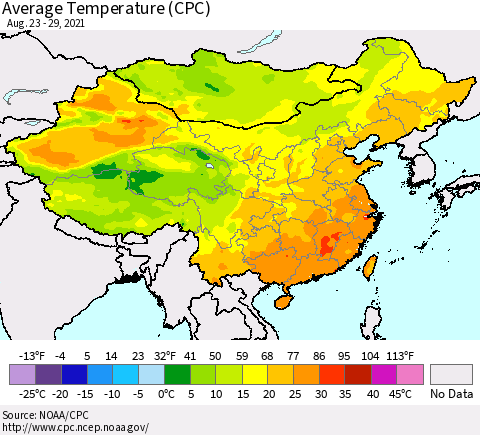 China, Mongolia and Taiwan Average Temperature (CPC) Thematic Map For 8/23/2021 - 8/29/2021