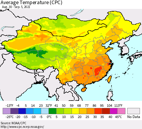 China, Mongolia and Taiwan Average Temperature (CPC) Thematic Map For 8/30/2021 - 9/5/2021