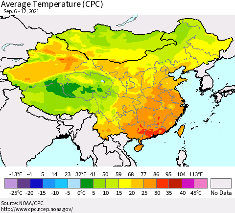 China, Mongolia and Taiwan Average Temperature (CPC) Thematic Map For 9/6/2021 - 9/12/2021