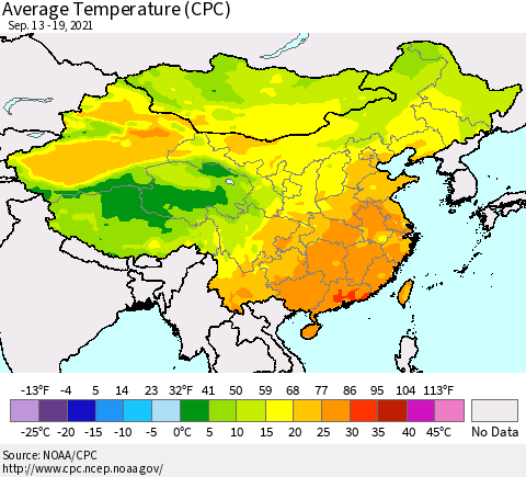 China, Mongolia and Taiwan Average Temperature (CPC) Thematic Map For 9/13/2021 - 9/19/2021
