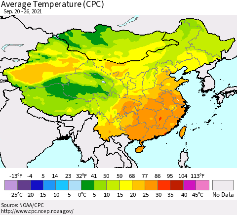 China, Mongolia and Taiwan Average Temperature (CPC) Thematic Map For 9/20/2021 - 9/26/2021