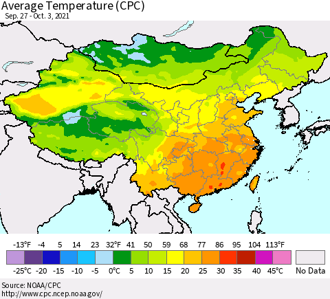 China, Mongolia and Taiwan Average Temperature (CPC) Thematic Map For 9/27/2021 - 10/3/2021