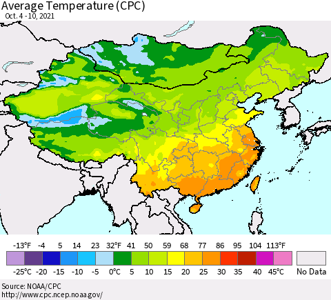 China, Mongolia and Taiwan Average Temperature (CPC) Thematic Map For 10/4/2021 - 10/10/2021