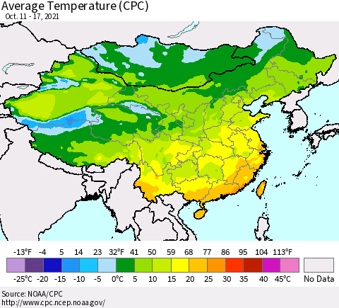 China, Mongolia and Taiwan Average Temperature (CPC) Thematic Map For 10/11/2021 - 10/17/2021