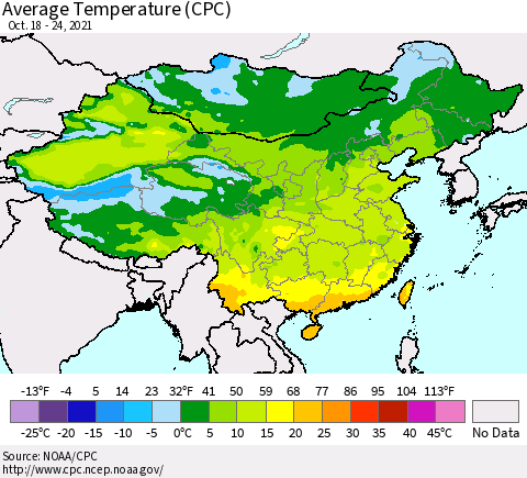 China, Mongolia and Taiwan Average Temperature (CPC) Thematic Map For 10/18/2021 - 10/24/2021