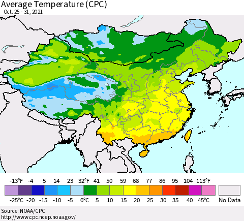 China, Mongolia and Taiwan Average Temperature (CPC) Thematic Map For 10/25/2021 - 10/31/2021