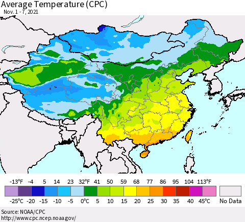 China, Mongolia and Taiwan Average Temperature (CPC) Thematic Map For 11/1/2021 - 11/7/2021