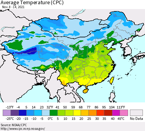 China, Mongolia and Taiwan Average Temperature (CPC) Thematic Map For 11/8/2021 - 11/14/2021