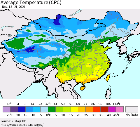 China, Mongolia and Taiwan Average Temperature (CPC) Thematic Map For 11/15/2021 - 11/21/2021