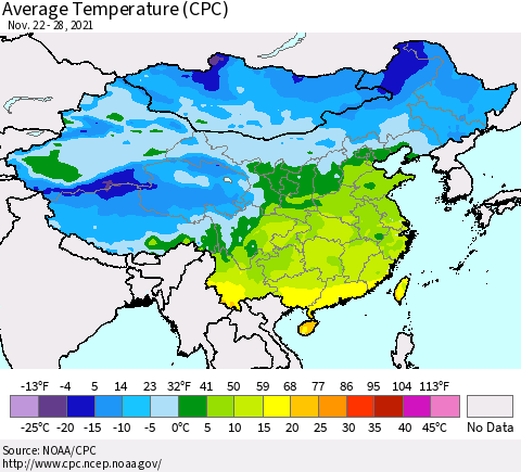 China, Mongolia and Taiwan Average Temperature (CPC) Thematic Map For 11/22/2021 - 11/28/2021