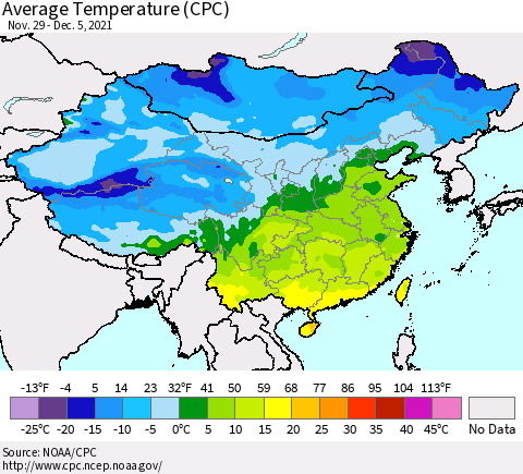 China, Mongolia and Taiwan Average Temperature (CPC) Thematic Map For 11/29/2021 - 12/5/2021
