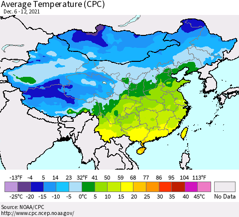 China, Mongolia and Taiwan Average Temperature (CPC) Thematic Map For 12/6/2021 - 12/12/2021