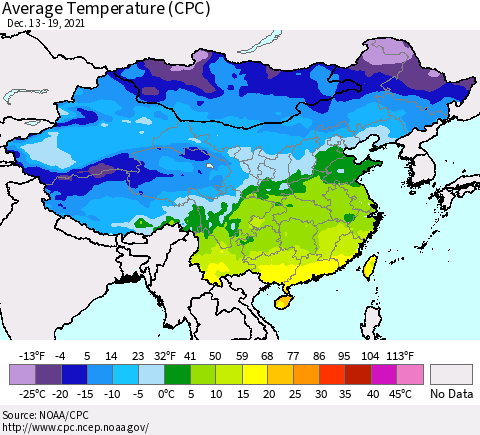 China, Mongolia and Taiwan Average Temperature (CPC) Thematic Map For 12/13/2021 - 12/19/2021