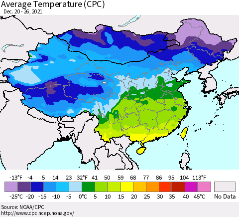 China, Mongolia and Taiwan Average Temperature (CPC) Thematic Map For 12/20/2021 - 12/26/2021