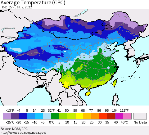 China, Mongolia and Taiwan Average Temperature (CPC) Thematic Map For 12/27/2021 - 1/2/2022