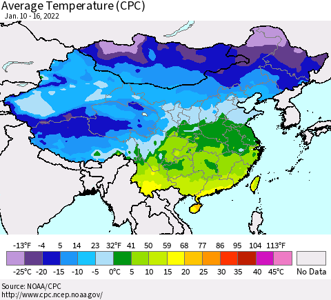 China, Mongolia and Taiwan Average Temperature (CPC) Thematic Map For 1/10/2022 - 1/16/2022