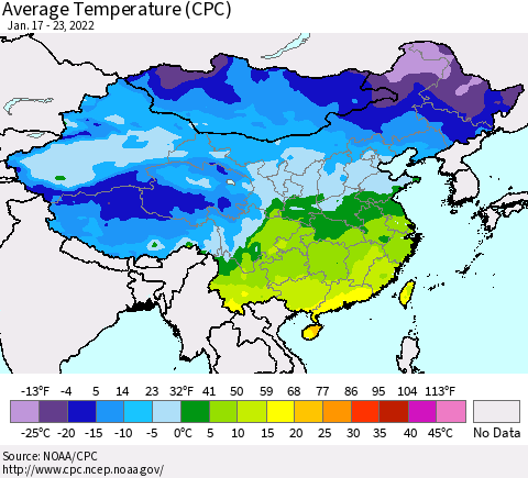 China, Mongolia and Taiwan Average Temperature (CPC) Thematic Map For 1/17/2022 - 1/23/2022