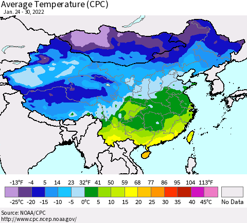 China, Mongolia and Taiwan Average Temperature (CPC) Thematic Map For 1/24/2022 - 1/30/2022