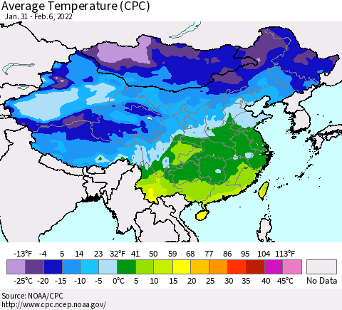 China, Mongolia and Taiwan Average Temperature (CPC) Thematic Map For 1/31/2022 - 2/6/2022