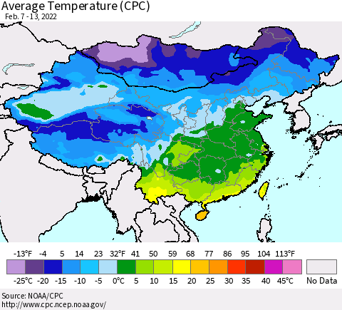 China, Mongolia and Taiwan Average Temperature (CPC) Thematic Map For 2/7/2022 - 2/13/2022