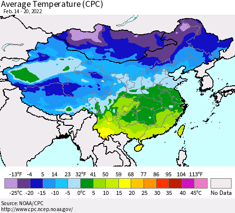 China, Mongolia and Taiwan Average Temperature (CPC) Thematic Map For 2/14/2022 - 2/20/2022