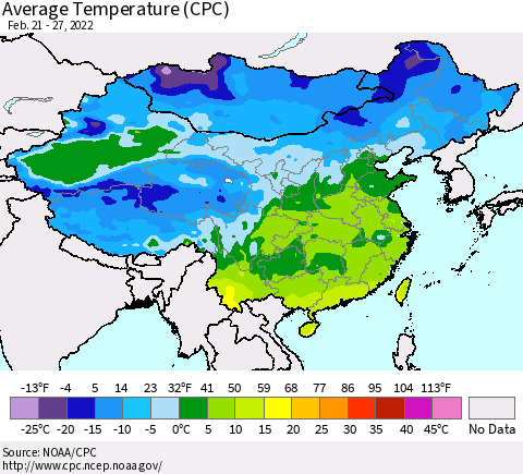 China, Mongolia and Taiwan Average Temperature (CPC) Thematic Map For 2/21/2022 - 2/27/2022