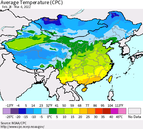 China, Mongolia and Taiwan Average Temperature (CPC) Thematic Map For 2/28/2022 - 3/6/2022