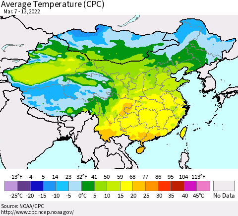 China, Mongolia and Taiwan Average Temperature (CPC) Thematic Map For 3/7/2022 - 3/13/2022