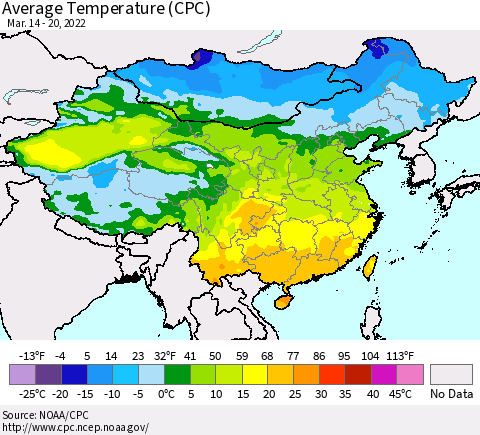 China, Mongolia and Taiwan Average Temperature (CPC) Thematic Map For 3/14/2022 - 3/20/2022