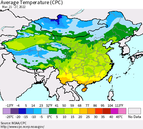 China, Mongolia and Taiwan Average Temperature (CPC) Thematic Map For 3/21/2022 - 3/27/2022