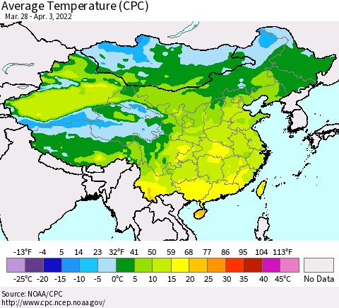 China, Mongolia and Taiwan Average Temperature (CPC) Thematic Map For 3/28/2022 - 4/3/2022