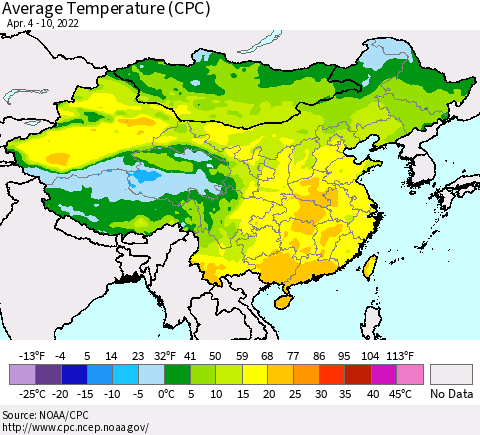 China, Mongolia and Taiwan Average Temperature (CPC) Thematic Map For 4/4/2022 - 4/10/2022