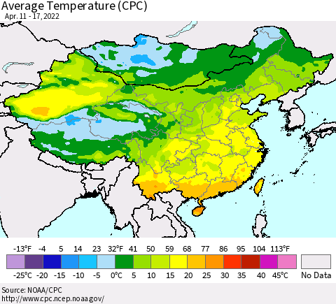 China, Mongolia and Taiwan Average Temperature (CPC) Thematic Map For 4/11/2022 - 4/17/2022