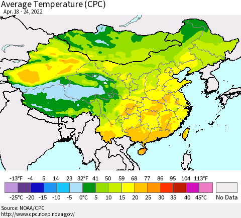 China, Mongolia and Taiwan Average Temperature (CPC) Thematic Map For 4/18/2022 - 4/24/2022