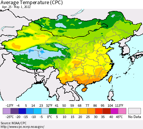 China, Mongolia and Taiwan Average Temperature (CPC) Thematic Map For 4/25/2022 - 5/1/2022