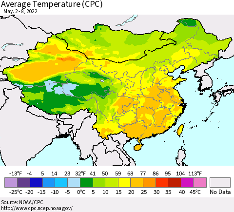 China, Mongolia and Taiwan Average Temperature (CPC) Thematic Map For 5/2/2022 - 5/8/2022