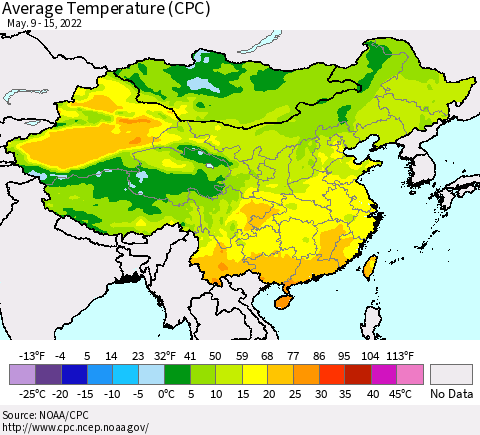 China, Mongolia and Taiwan Average Temperature (CPC) Thematic Map For 5/9/2022 - 5/15/2022